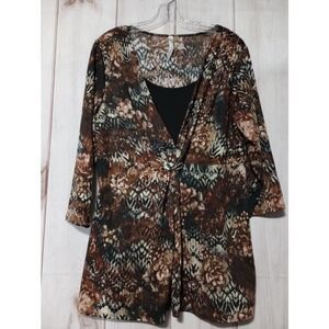 NY Collection Shirt Ladies 1x Brown Floral Top Short Sleeve